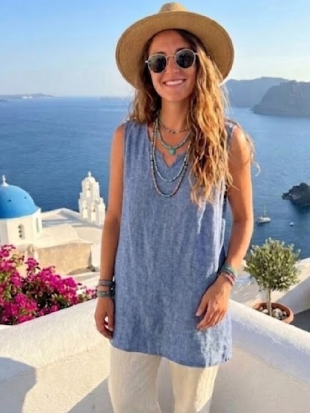 FLAX Blue Linen Sleeveless Tunic Size L